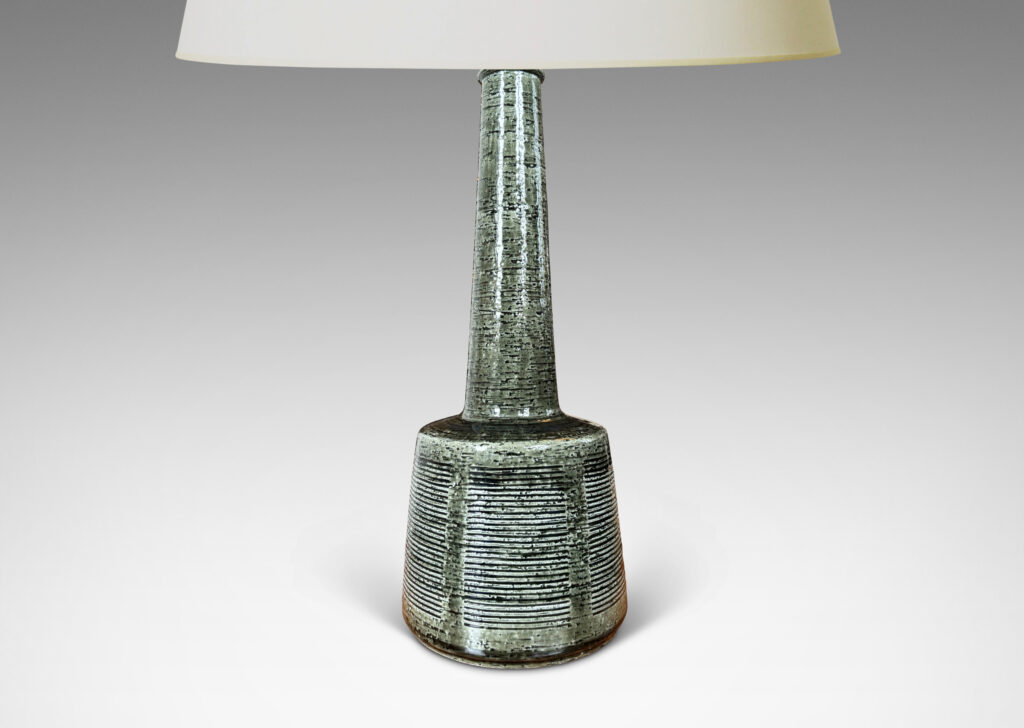 Gallery BAC drum form with carved line panels and tall conical neck, glazed in a gray-green