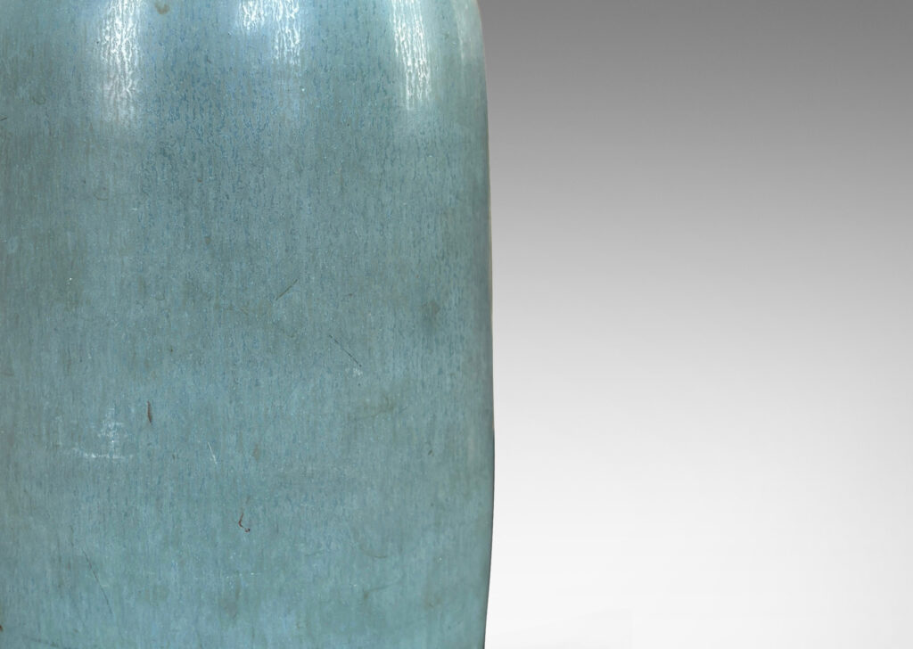 Gallery BAC softly modeled cylindrical form with rounded top, glazed in an understated cerulean with low sheen harefur finish