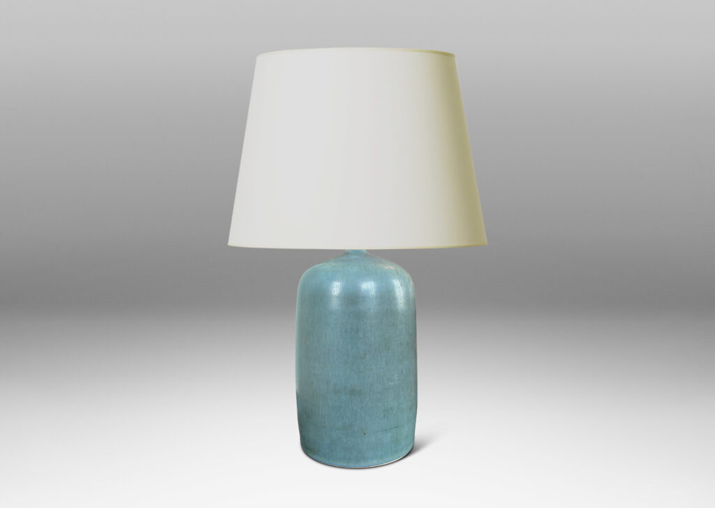 Gallery BAC softly modeled cylindrical form with rounded top, glazed in an understated cerulean with low sheen harefur finish