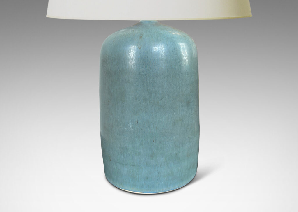 Gallery BAC softly modeled cylindrical form with rounded top, glazed in an understated cerulean with low sheen harefur finish