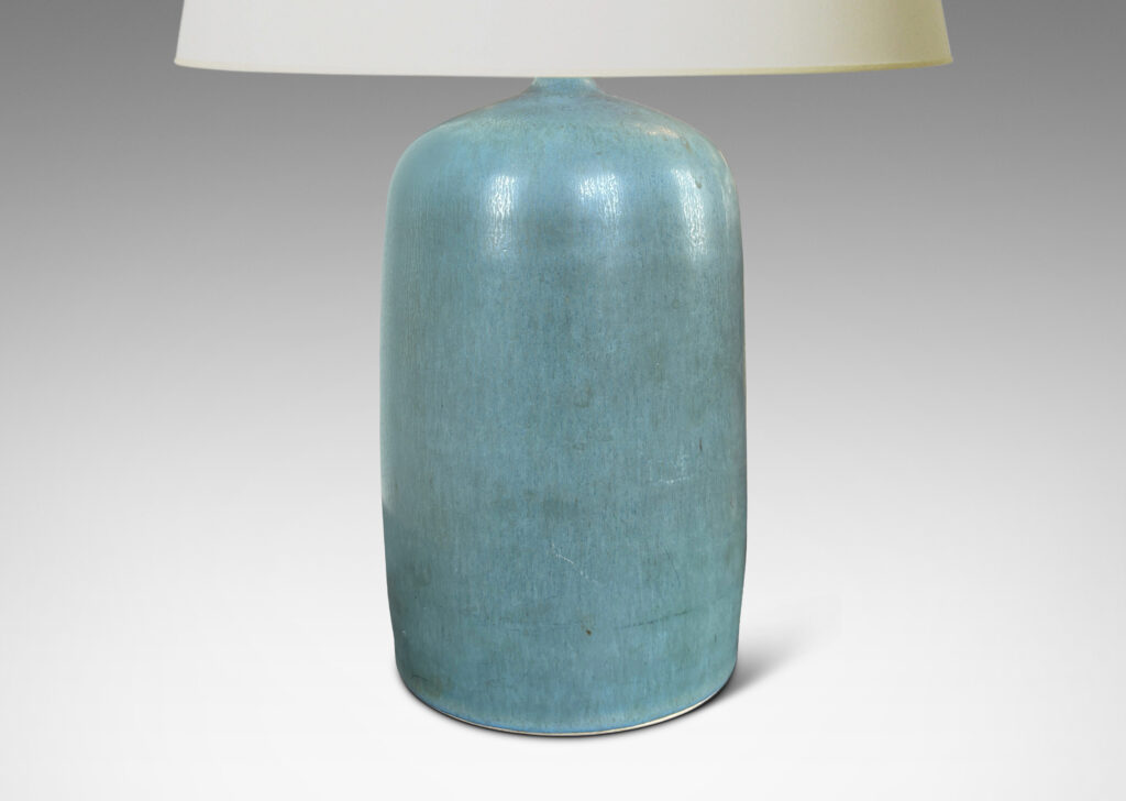 Gallery BAC softly modeled cylindrical form with rounded top, glazed in an understated cerulean with low sheen harefur finish