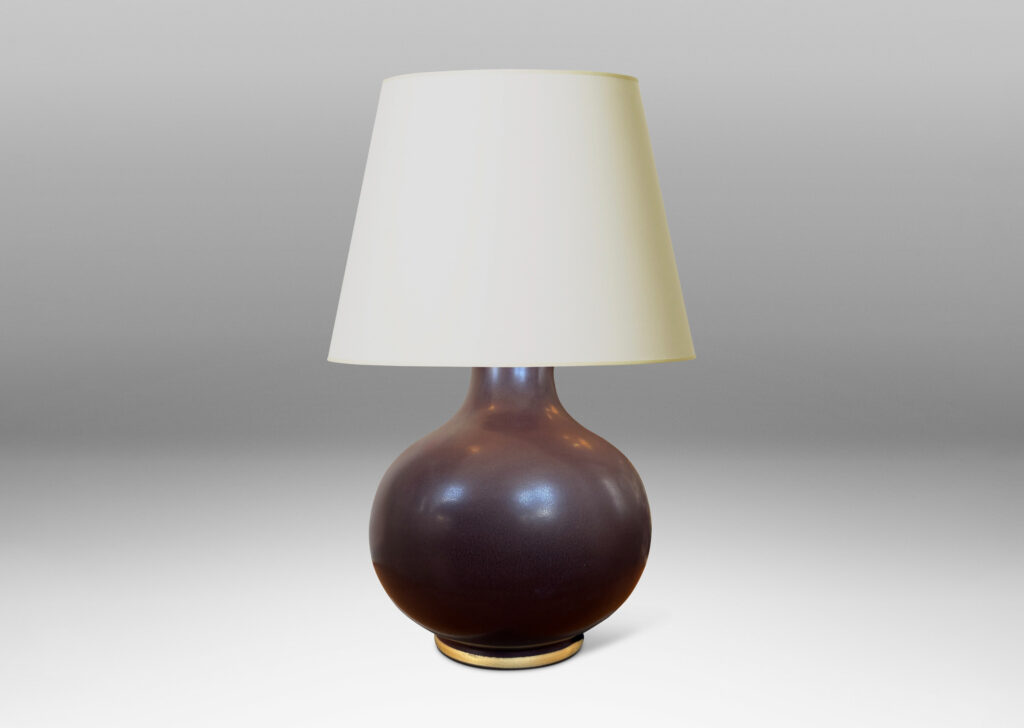 Gallery BAC plump bulbous form glazed in an eggshell finish ganache brown with gilded accent bands