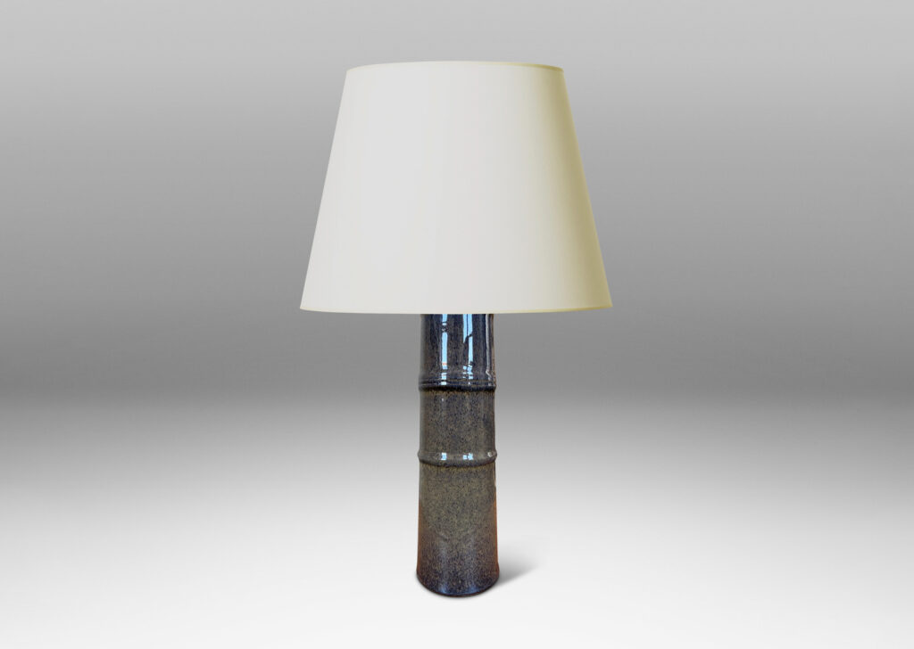 Gallery BAC cylindrical form with bamboo nodule-like rings, glazed in dark blue with brown undertones