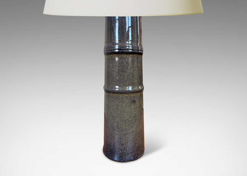 Gallery BAC cylindrical form with bamboo nodule-like rings, glazed in dark blue with brown undertones
