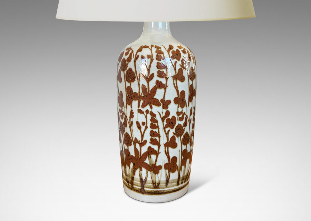 Gallery BAC all tapered form glazed in pale pearl gray overpainted with a wildflower pattern in rust red luster
