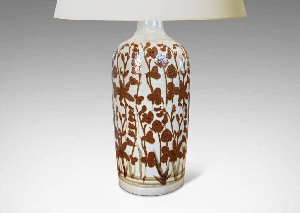 Gallery BAC all tapered form glazed in pale pearl gray overpainted with a wildflower pattern in rust red luster