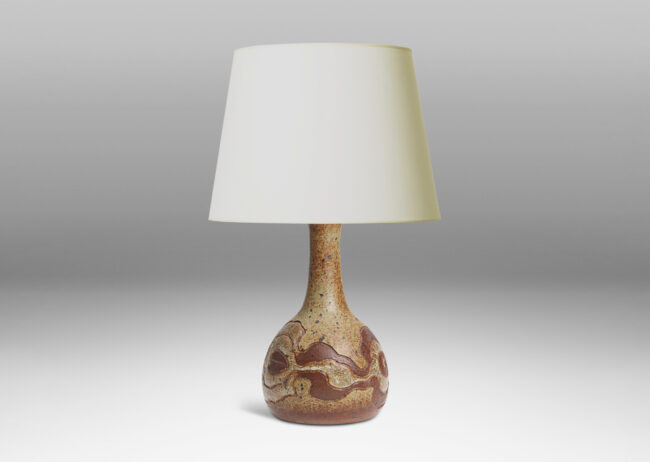 Gallery BAC plump globe form with tall attenuated neck, encircled in a textured relief of organic form, glazed in brown and gauzy white against brown spotted pale gray