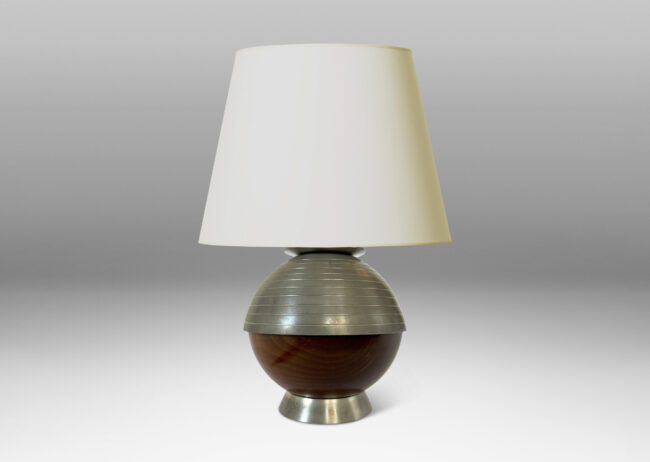 Gallery BAC globe form, with ringed top hemisphere and flanged base in pewter with wood lower hemisphere
