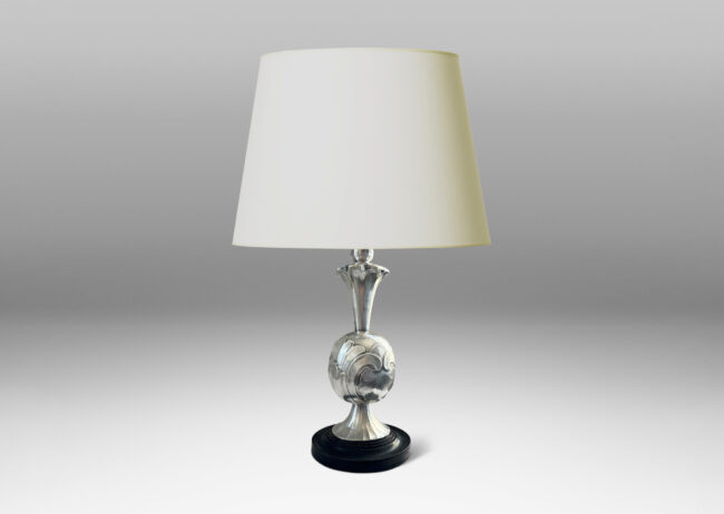 Gallery BAC ovoid form with bold acanthus leaf pattern reliefs, with trumpeting foot and neck, mounted on a stepped disk plinth