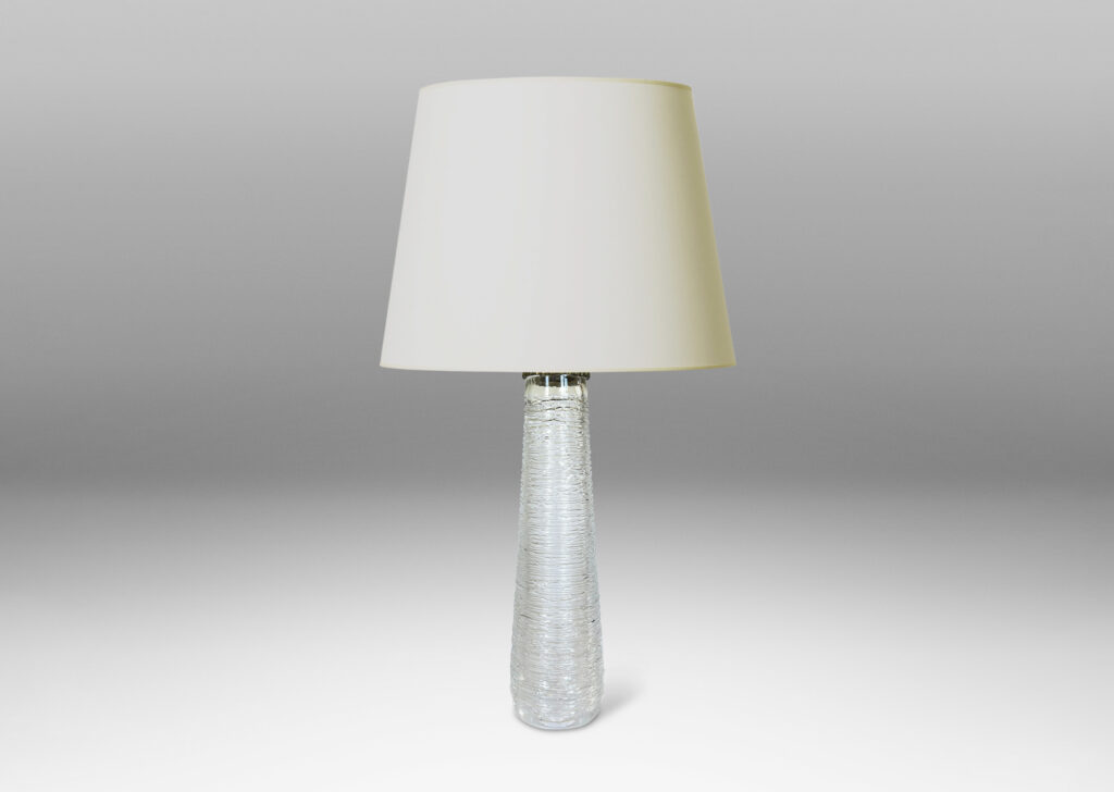 Gallery BAC tall tapered forms finished in an organic thin striae texture; crystal