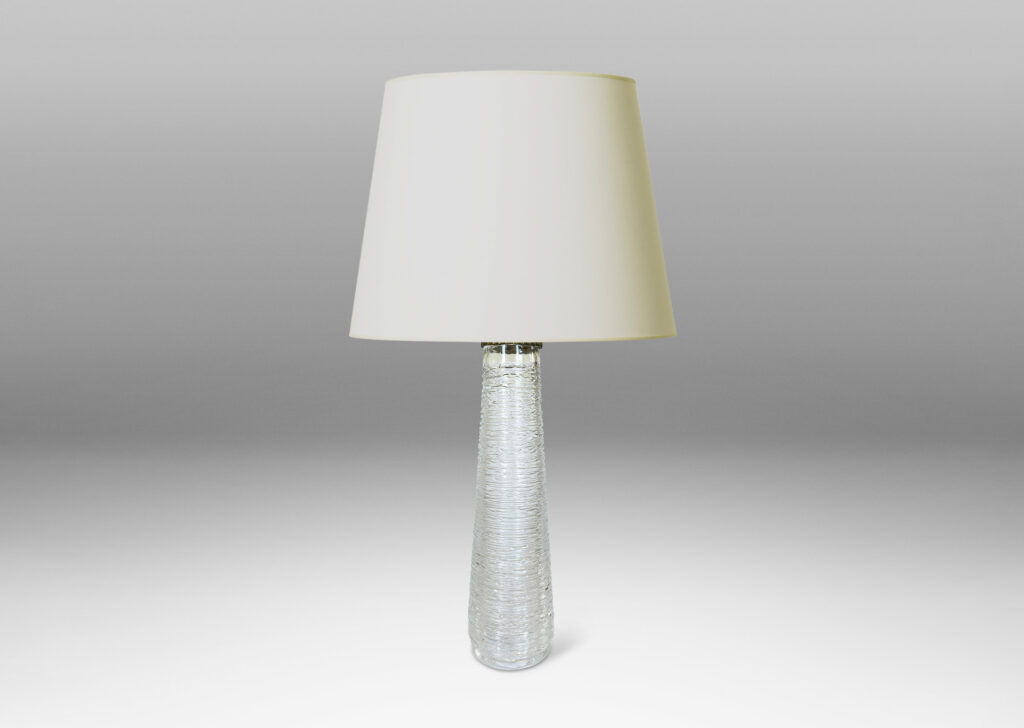 Gallery BAC tall tapered forms finished in an organic thin striae texture; crystal
