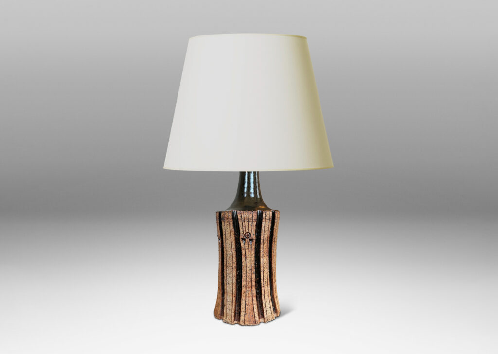 Gallery BAC unglazed cylindrical form with deeply carved ribs, with chocolate brown glazed top and stripes