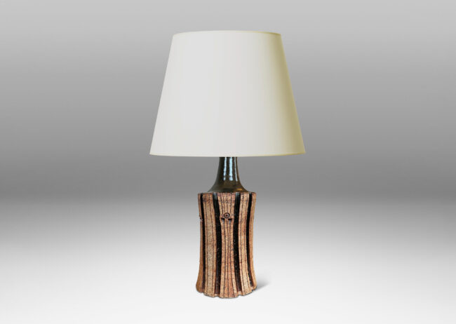 Gallery BAC unglazed cylindrical form with deeply carved ribs, with chocolate brown glazed top and stripes