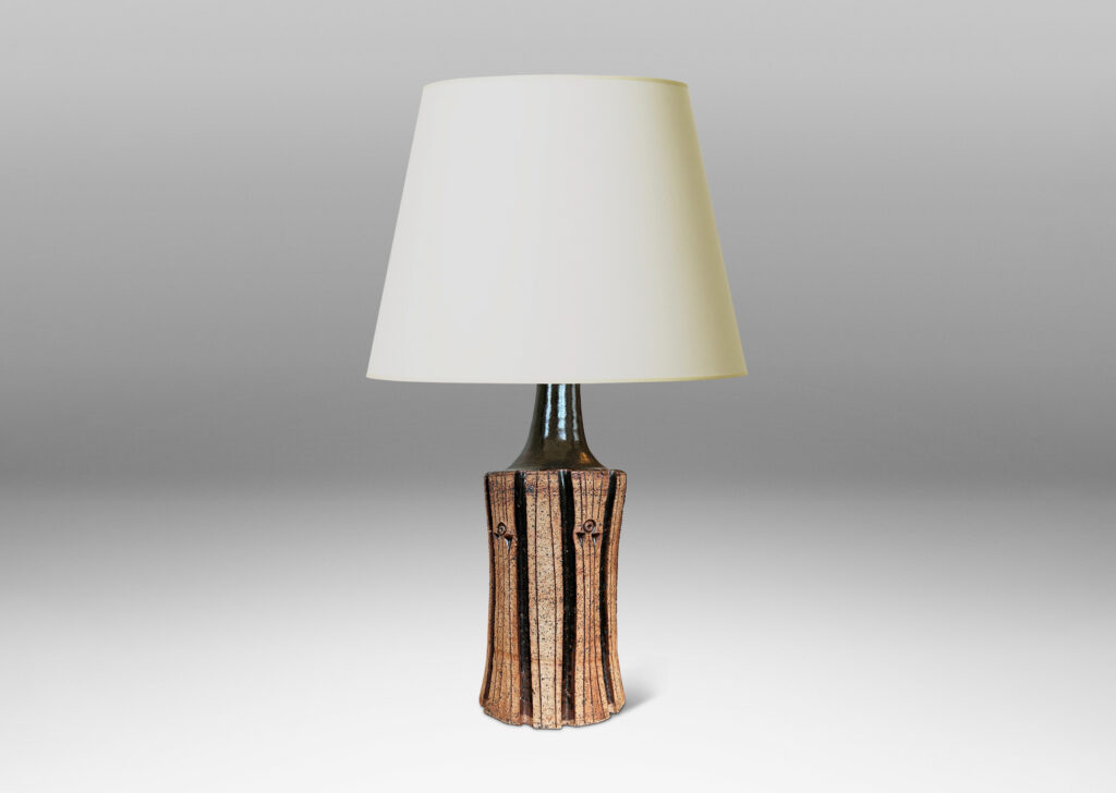 Gallery BAC unglazed cylindrical form with deeply carved ribs, with chocolate brown glazed top and stripes