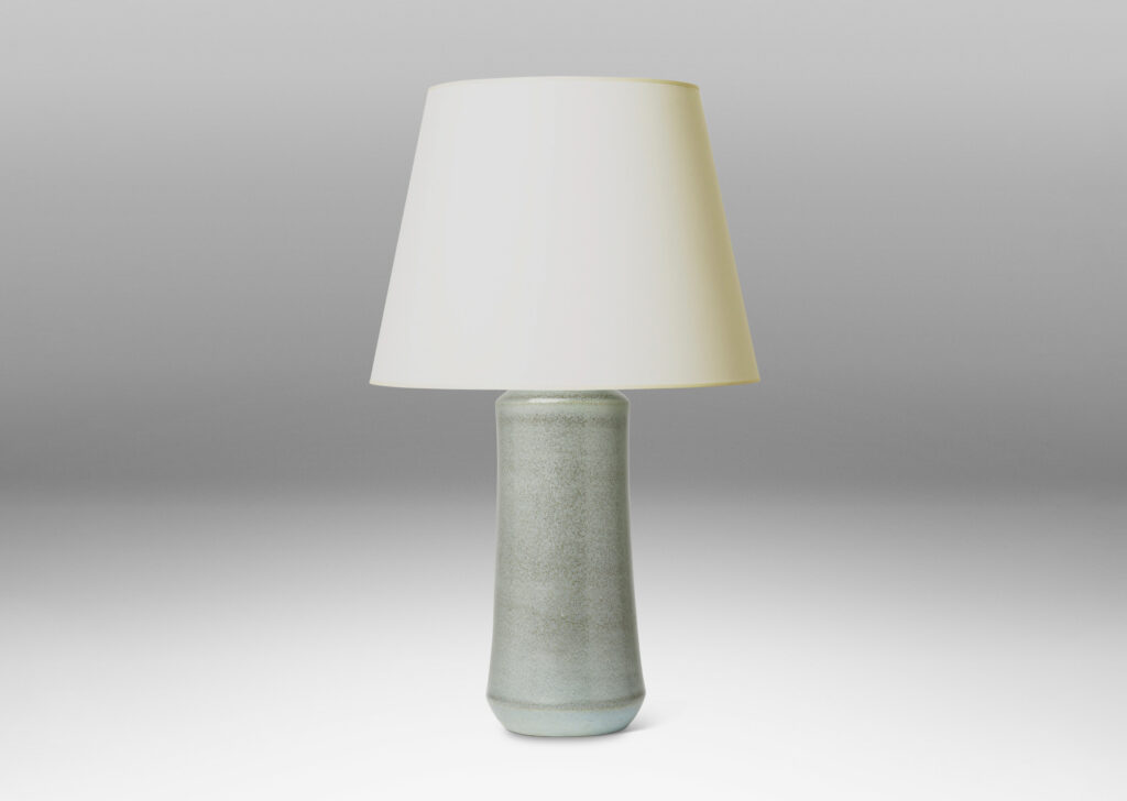 Gallery BAC cylindrical form with bell-like modeling, glazed in pale blue-gray with medium gray dappling