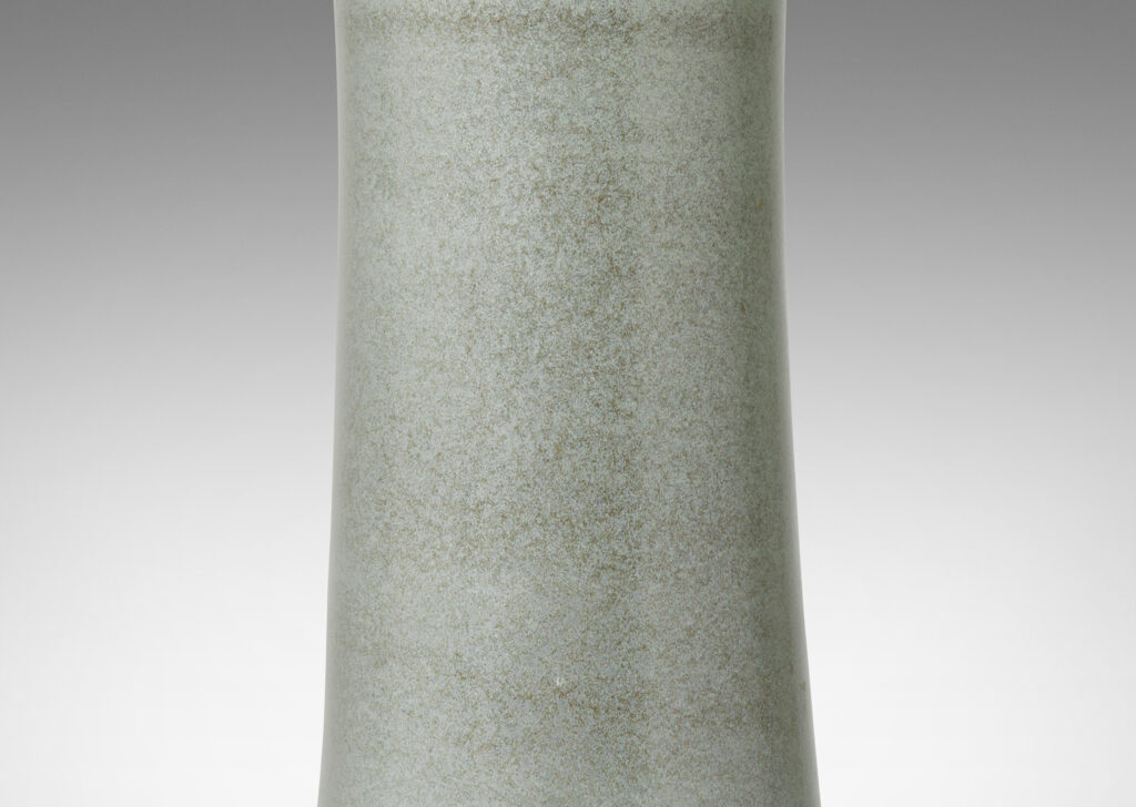 Gallery BAC cylindrical form with bell-like modeling, glazed in pale blue-gray with medium gray dappling