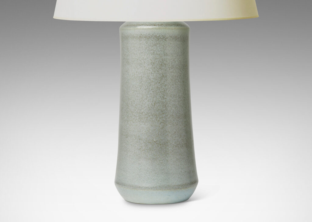 Gallery BAC cylindrical form with bell-like modeling, glazed in pale blue-gray with medium gray dappling