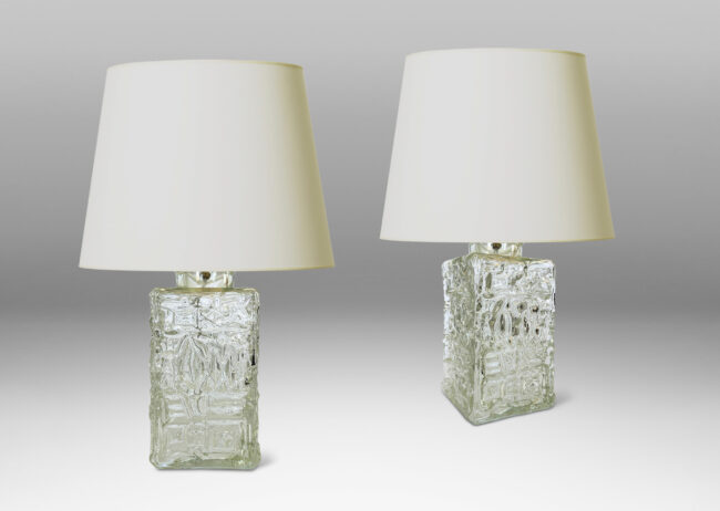 Gallery BAC square canister forms with various geometric designs in reliefs; clear mold-blown glass