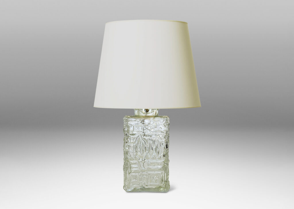 Gallery BAC square canister forms with various geometric designs in reliefs; clear mold-blown glass