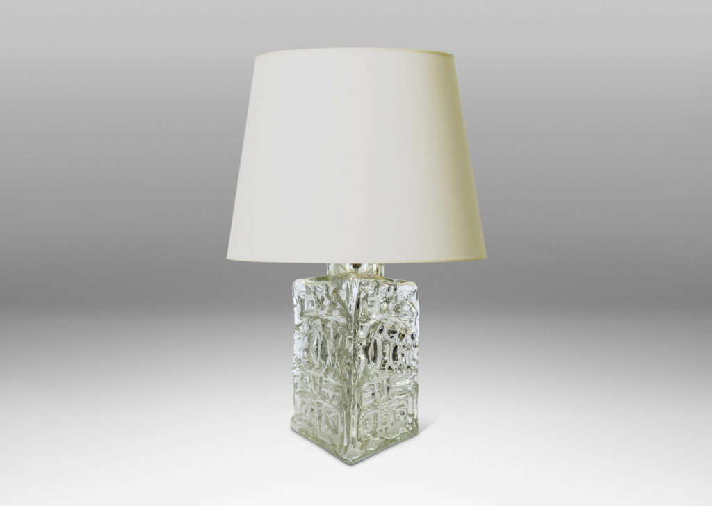 Gallery BAC square canister forms with various geometric designs in reliefs; clear mold-blown glass