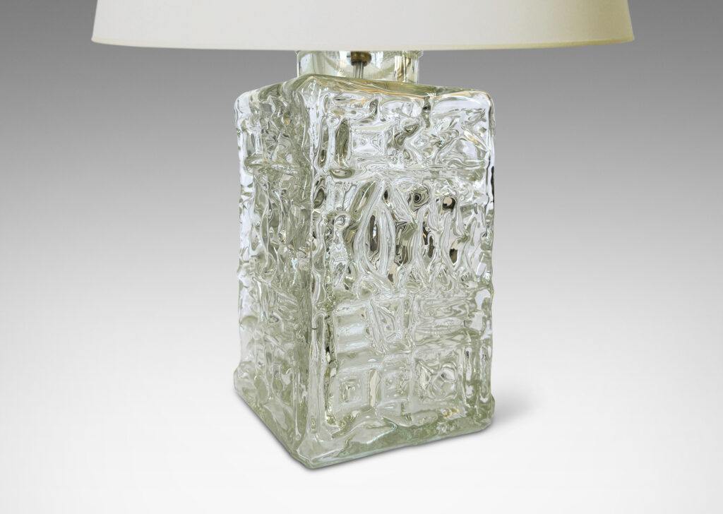 Gallery BAC square canister forms with various geometric designs in reliefs; clear mold-blown glass