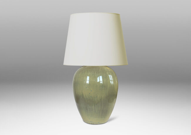 Gallery BAC rounded tapering form with cove neck, glazed in an earthy pale yellow with gray undertones and light blue speckling