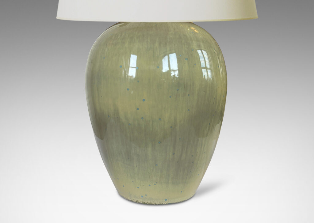 Gallery BAC rounded tapering form with cove neck, glazed in an earthy pale yellow with gray undertones and light blue speckling