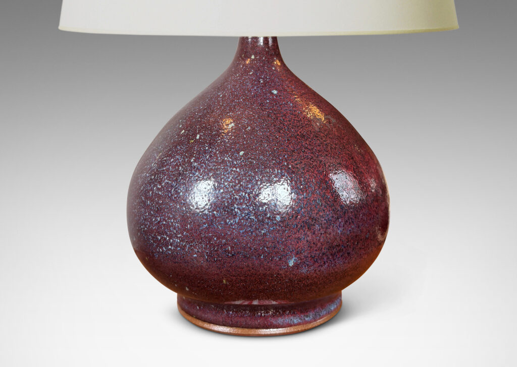 Gallery BAC bulbous form glazed in a rich oxblood burgundy with pale gray accents