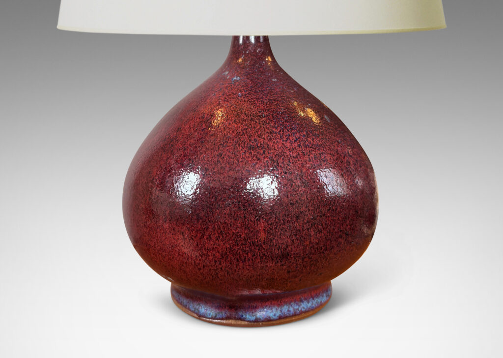 Gallery BAC bulbous form glazed in a rich oxblood burgundy with pale gray accents