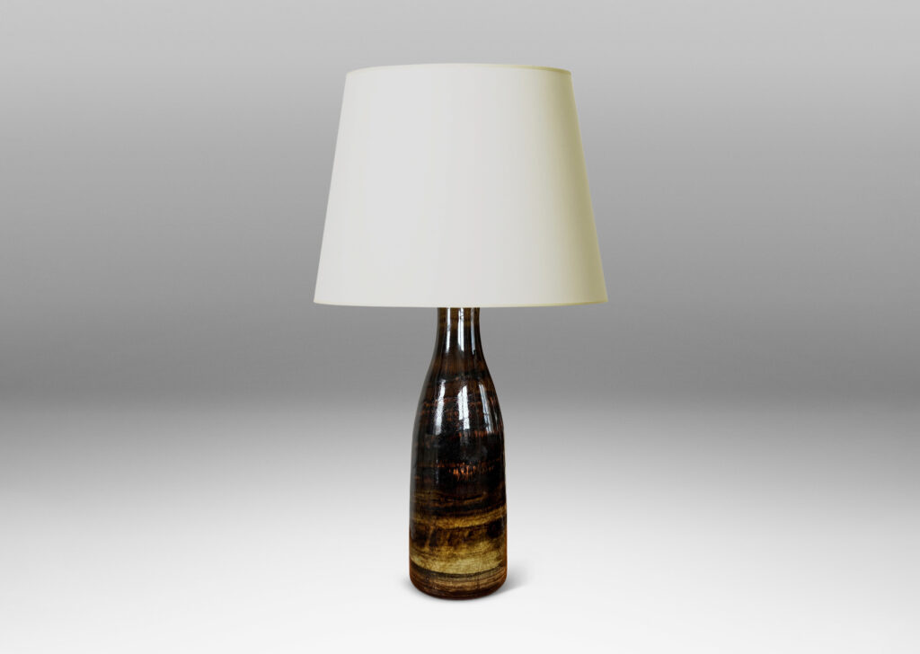 Gallery BAC tall bottle-like form glazed in brown tones with a striae texture
