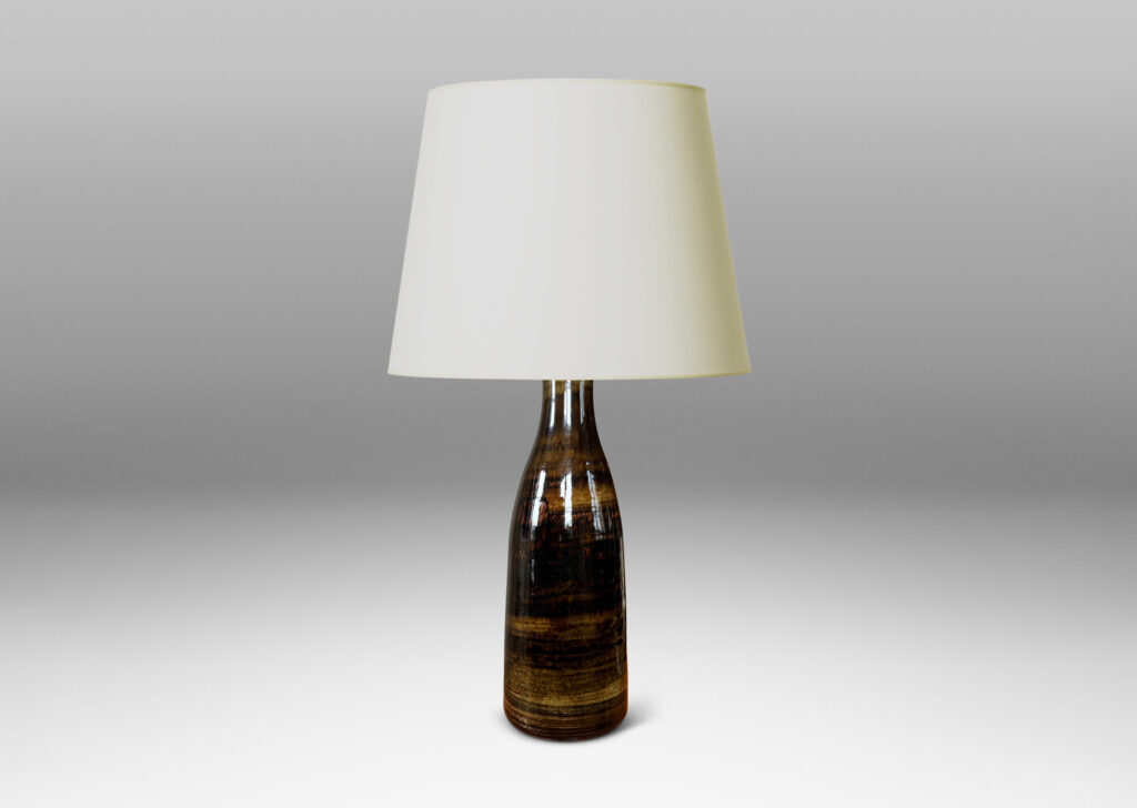 Gallery BAC tall bottle-like form glazed in brown tones with a striae texture