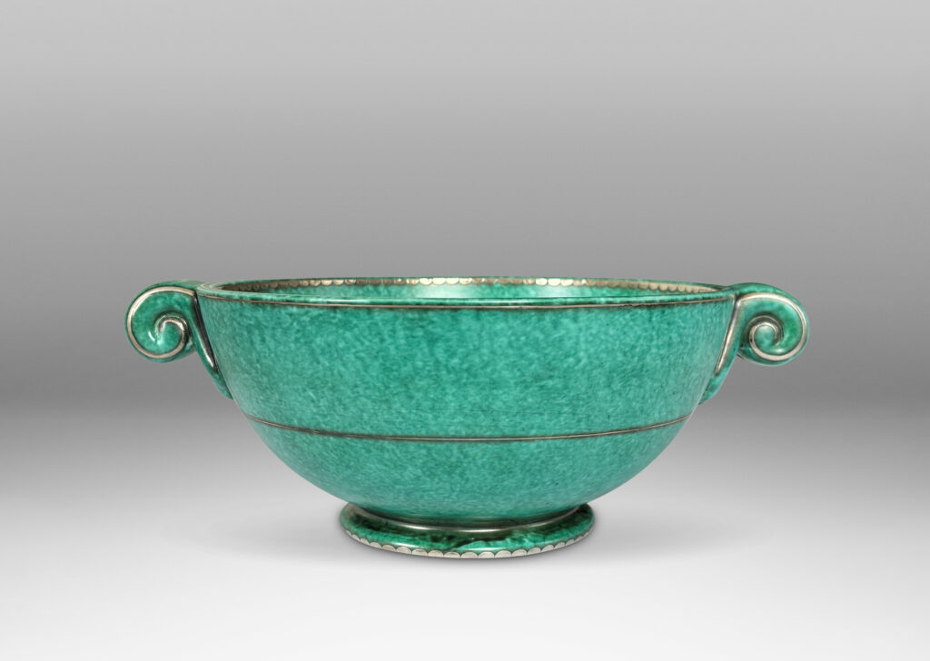 Gallery BAC demi-spherical form with scroll handles, finished in a mottled blue-green copper oxide glaze