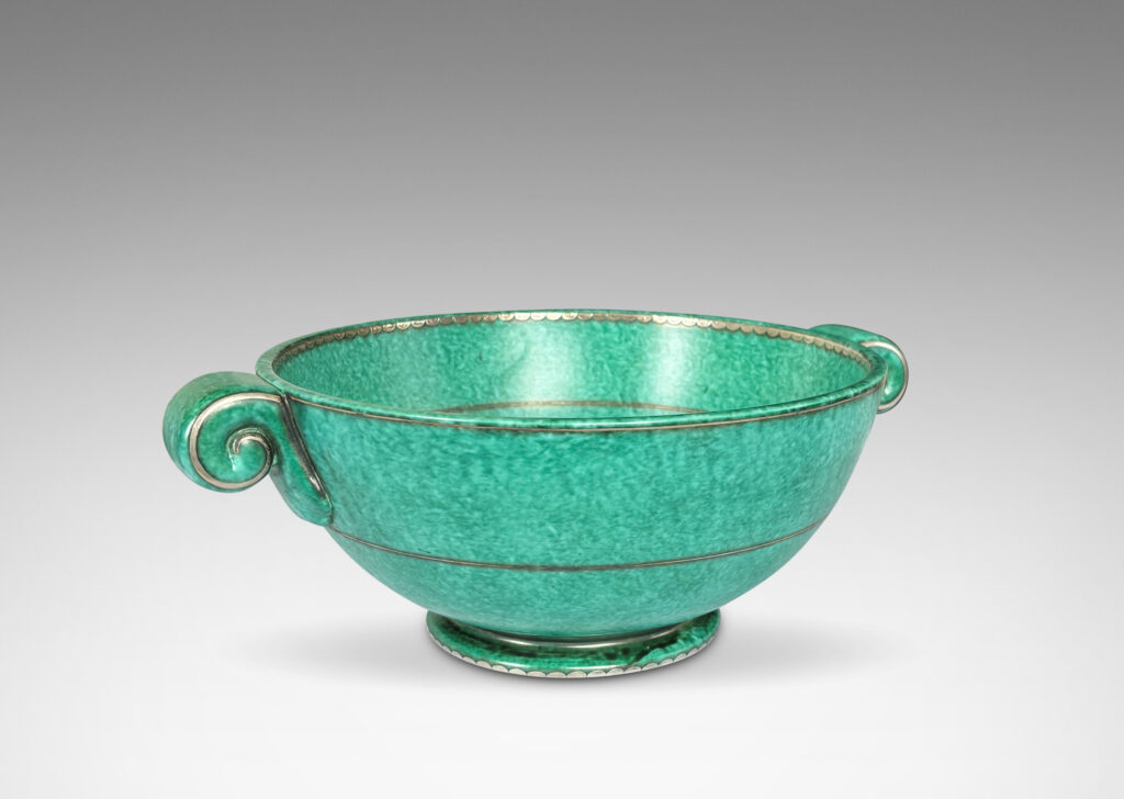 Gallery BAC demi-spherical form with scroll handles, finished in a mottled blue-green copper oxide glaze