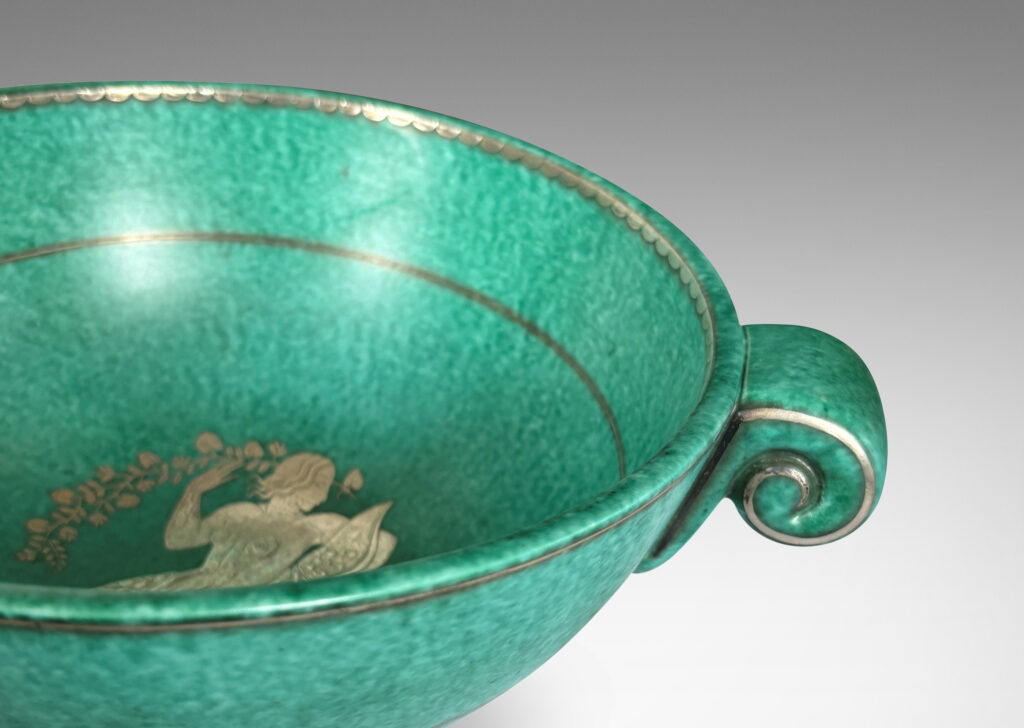 Gallery BAC demi-spherical form with scroll handles, finished in a mottled blue-green copper oxide glaze