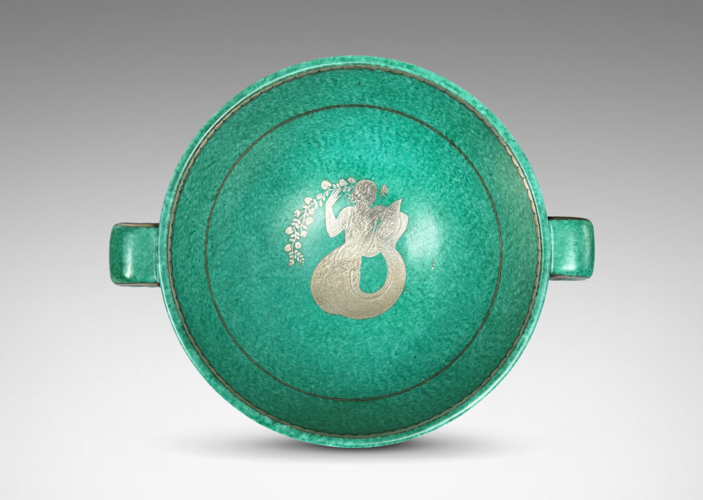 Gallery BAC demi-spherical form with scroll handles, finished in a mottled blue-green copper oxide glaze