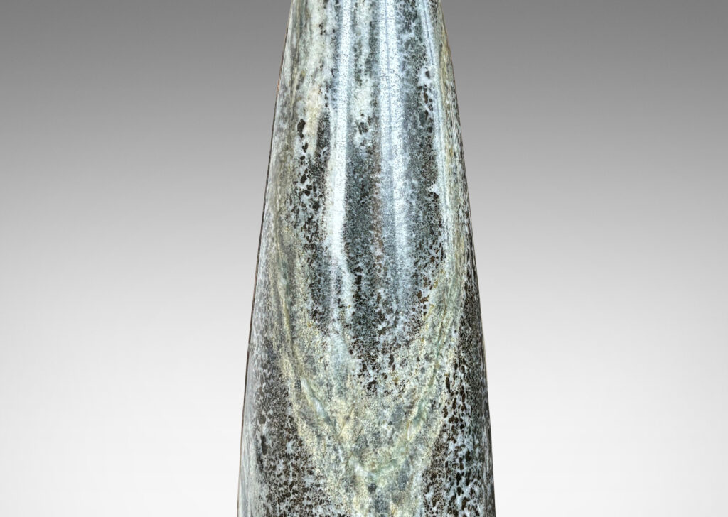 Gallery BAC torpedo-like upwardly tapered form in dappled greenish gray Kolmårdsmarmor; lathed marble