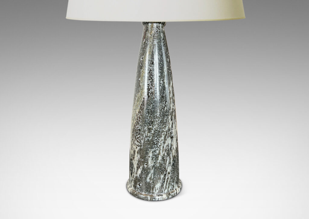 Gallery BAC torpedo-like upwardly tapered form in dappled greenish gray Kolmårdsmarmor; lathed marble