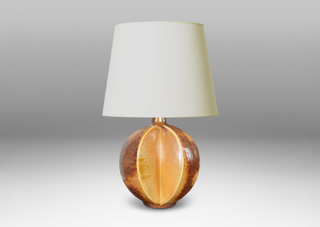 Gallery BAC globe form with wedge slices, glazed in orangey-tan and brown