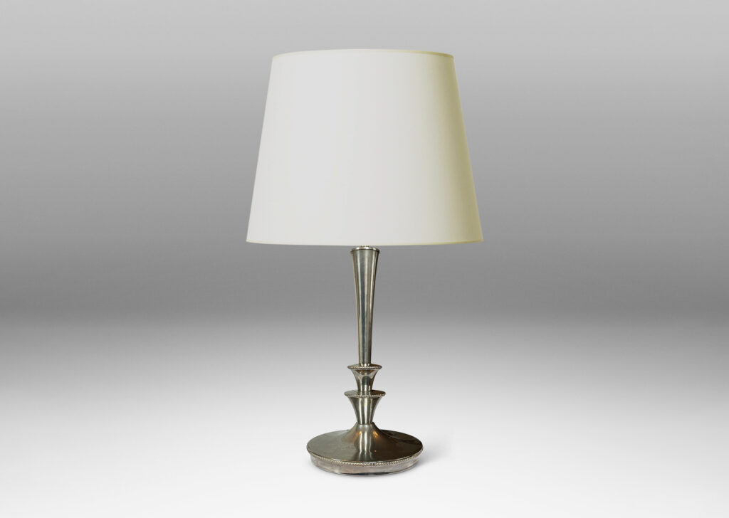 Gallery BAC fountain style tiered and tapered stand and disk base with beaded edges; nickel-plated brass