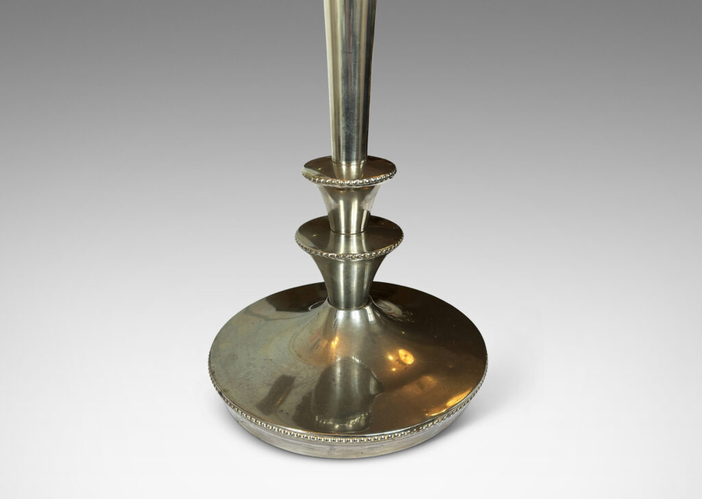 Gallery BAC fountain style tiered and tapered stand and disk base with beaded edges; nickel-plated brass
