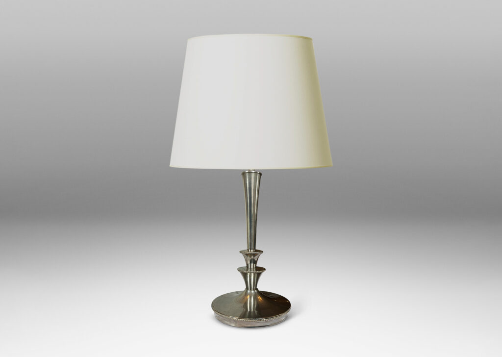 Gallery BAC fountain style tiered and tapered stand and disk base with beaded edges; nickel-plated brass