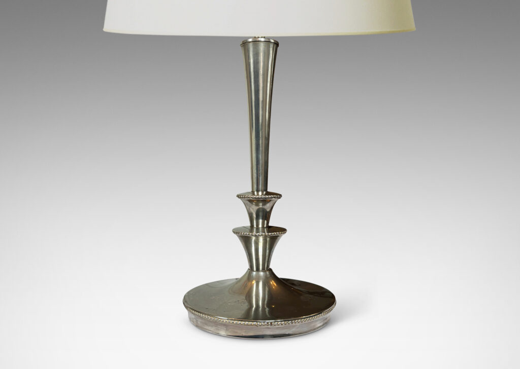 Gallery BAC fountain style tiered and tapered stand and disk base with beaded edges; nickel-plated brass