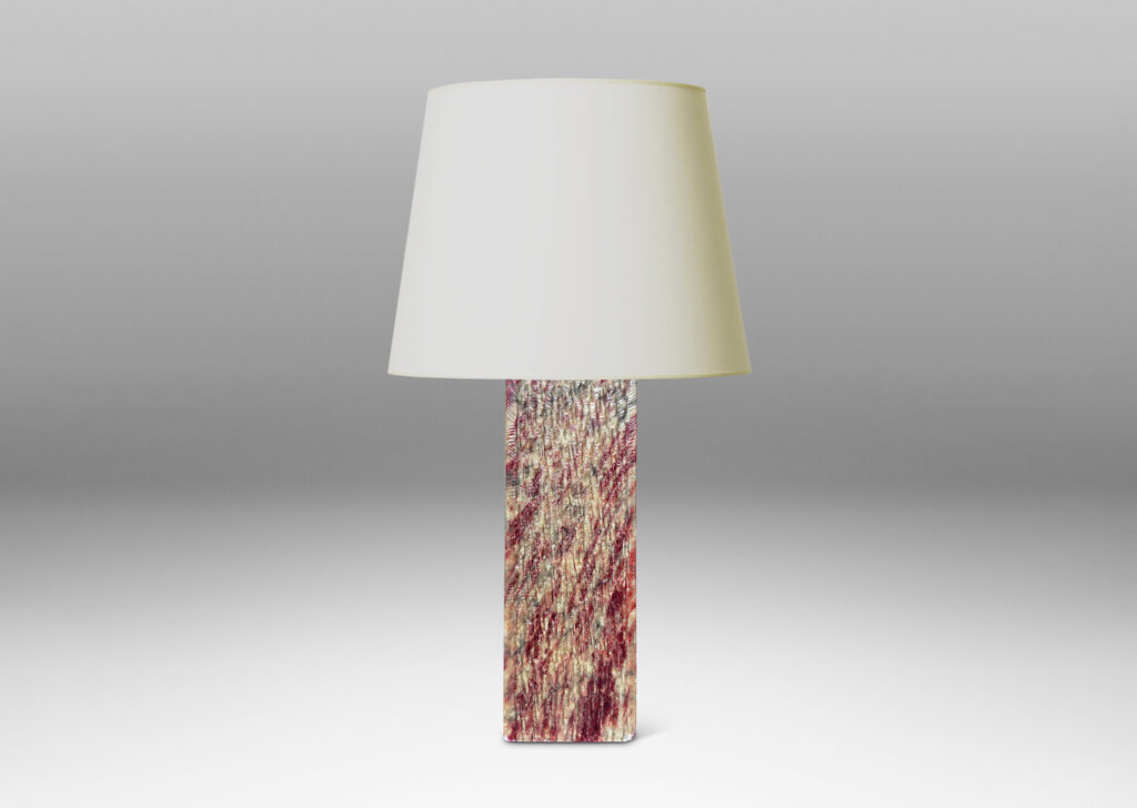 Gallery BAC square pillar forms with carved surface texture in red and gray marble, with cylindrical necks in white marble