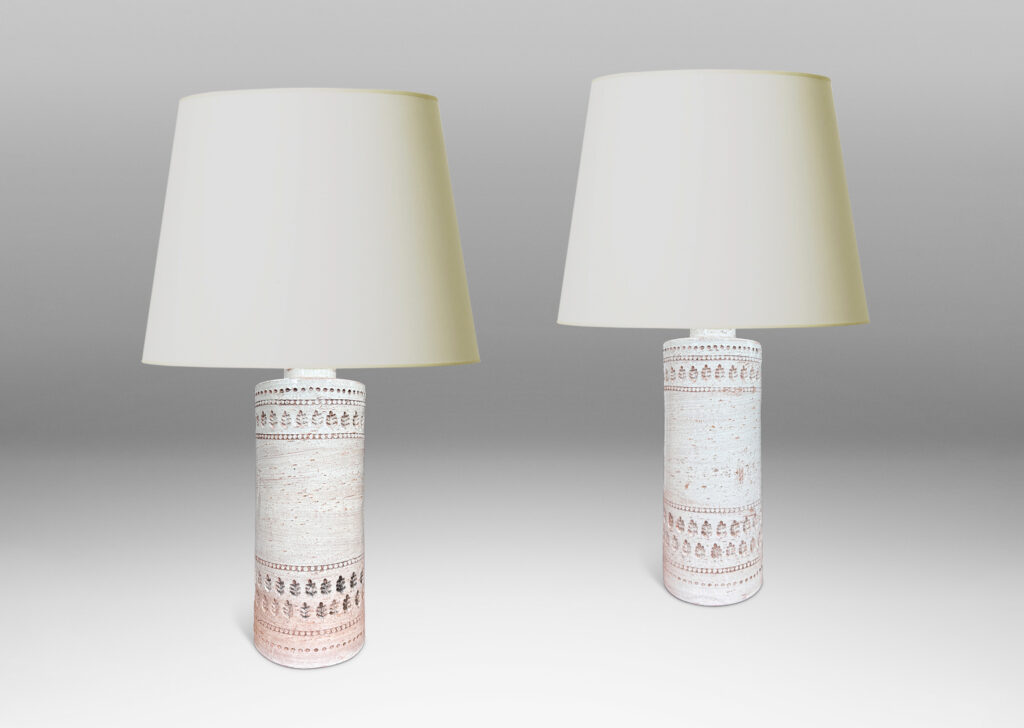 Gallery BAC textured column forms with bands of impressed dots and leaf motifs, glazed in shaded ivory