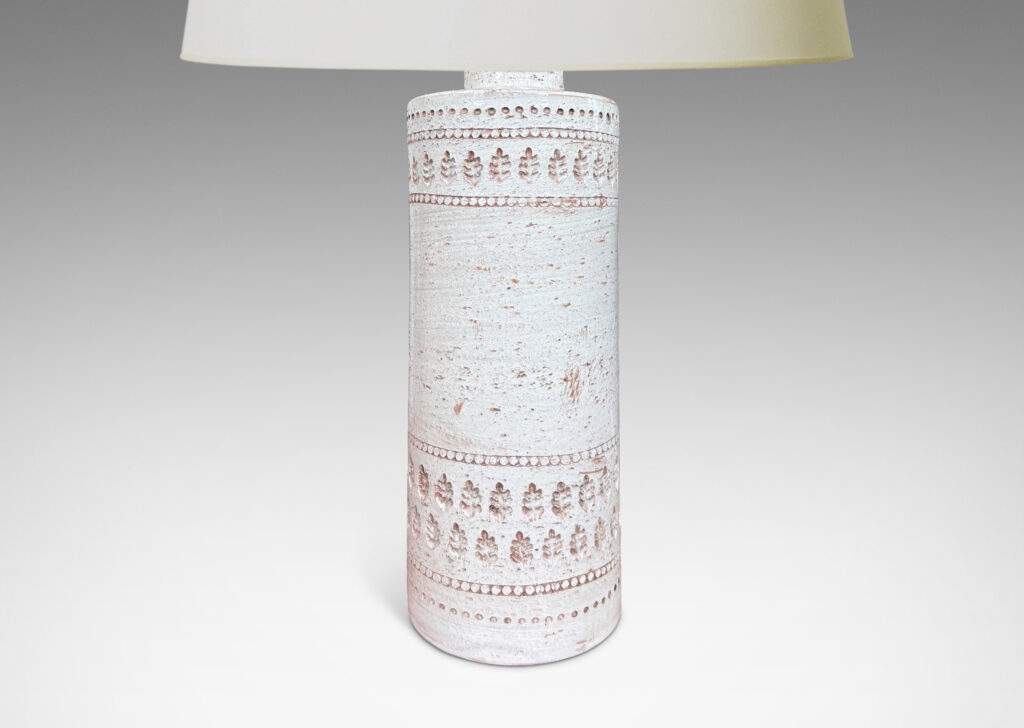 Gallery BAC textured column forms with bands of impressed dots and leaf motifs, glazed in shaded ivory