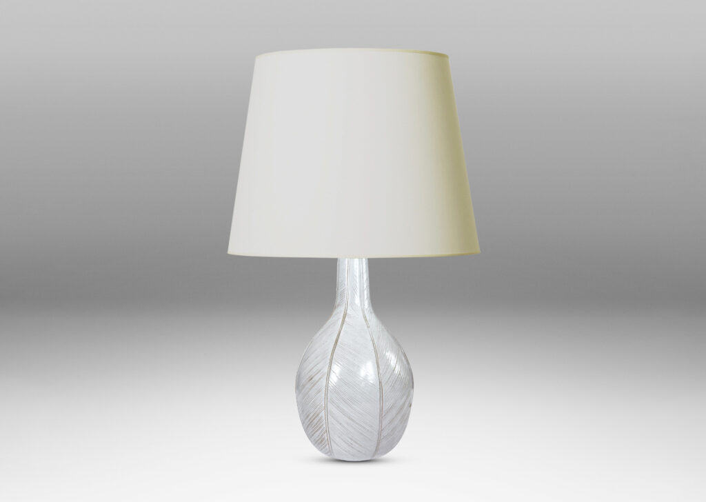 Gallery BAC gourd/drop form finished with carved meridians of herringbone textures and a semi-shiny off-white glaze