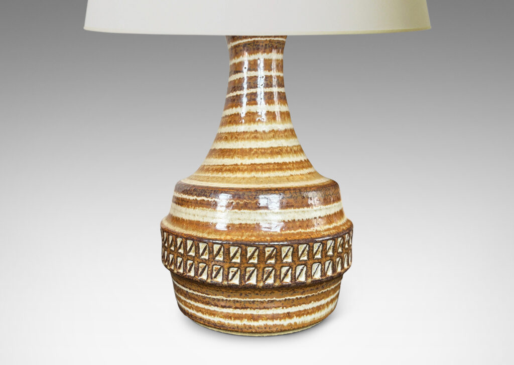 Gallery BAC textured bulbous forms and tall conical necks, glazed in brown and gray-brown