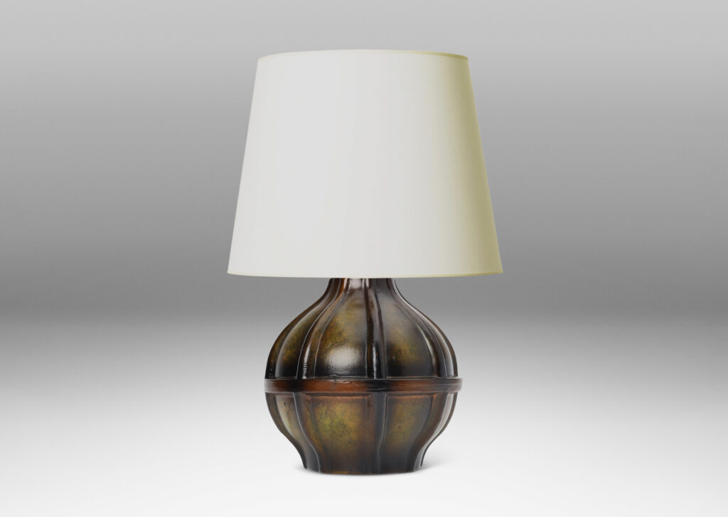 Gallery BAC globe form with sprouting top and vertical ribbing, finished in a bronze-evoking green-brown glazing