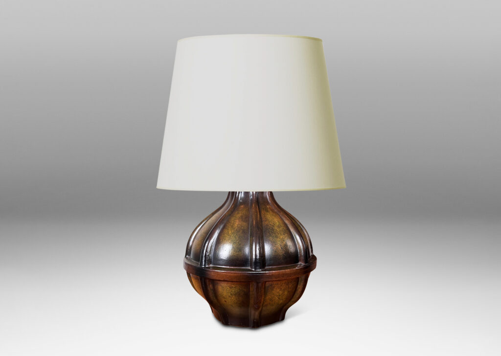 Gallery BAC globe form with sprouting top and vertical ribbing, finished in a bronze-evoking green-brown glazing
