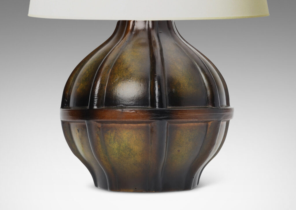 Gallery BAC globe form with sprouting top and vertical ribbing, finished in a bronze-evoking green-brown glazing